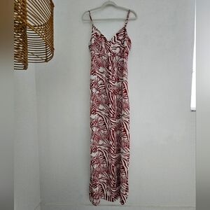 Jenny Helene Los Angeles Berry and White Printed Spaghetti Strap Maxi Dress
